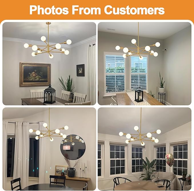 Sputnik Chandeliers Dining Room Light Fixture (10-Light, 33-Inch), Modern Gold Chandelier, Height Adjustable Mid Century Modern Chandeliers for Bedroom Kitchen Entryway