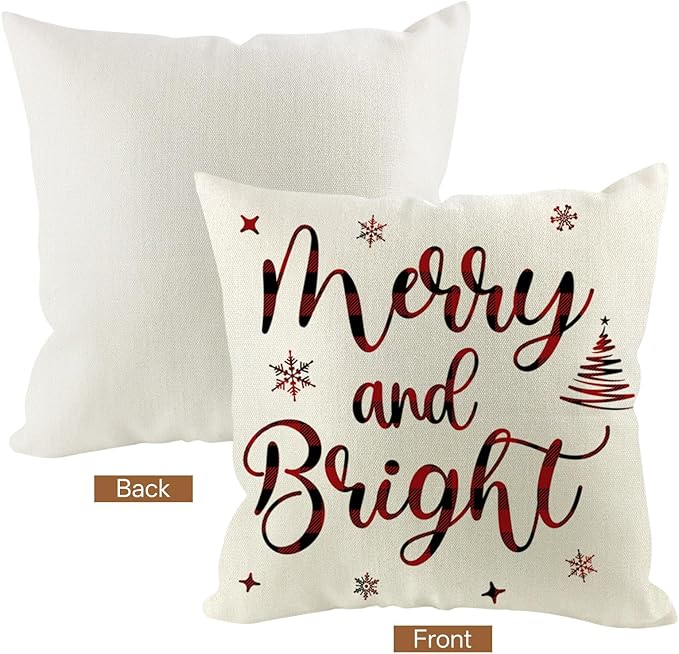 Christmas Pillow Covers 18x18 inch Set of 4, Holiday Winter Outdoor Red Plaid Vintage Xmas White Burgundy Seasonal Burlap Decorations for Sofa Couch
