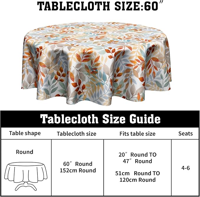 Fall Round Tablecloth 60x60 Inch Fall Leaves Tablecloth Circular Autumn Thanksgiving Round Table Cloth Washable Tabletop Autumn Leaves Table Cover for Seasonal Holiday Home Kitchen Dining Party Decor