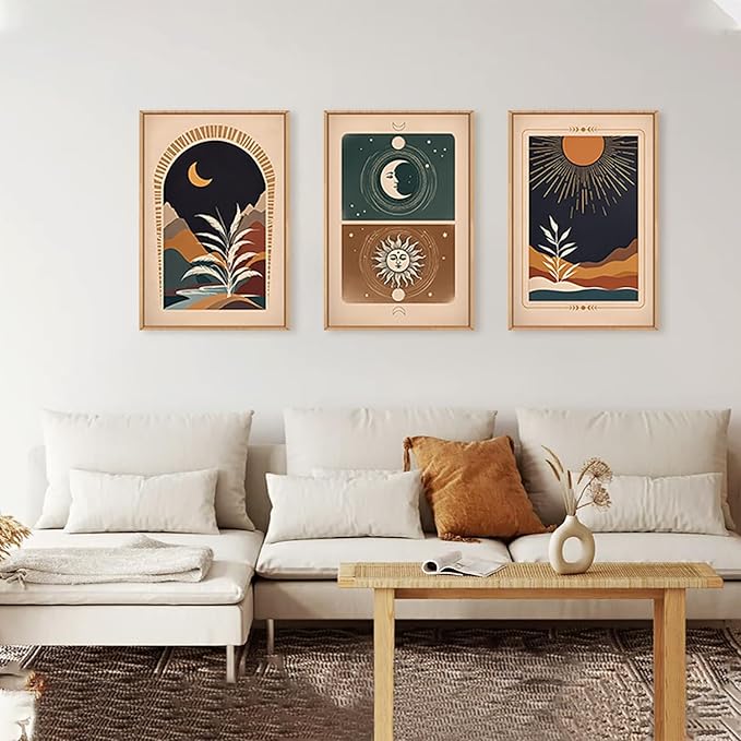 KAIRNE Boho Desert Botanical Framed Canvas Wall Art Set of 3, Bohemian Sun Moon Wall Painting, Mid Century Tropical Leaves Wall Decor, Retro Southwestern Art Print for Living Room, Bedroom 16" x 24"