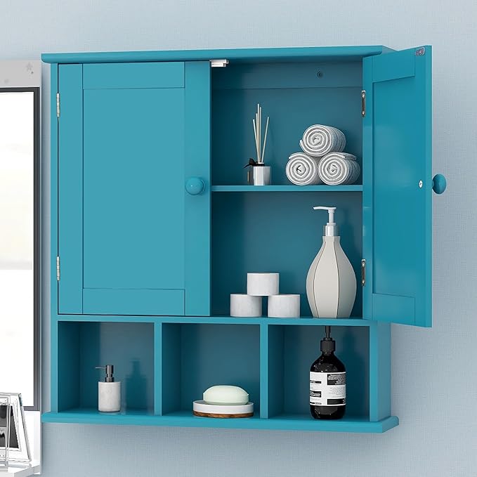 TaoHFE Turquoise Bathroom Cabinet - 2 Door Adjustable Shelves, Over The Toilet Storage, Wall Mounted Medicine Cabinet