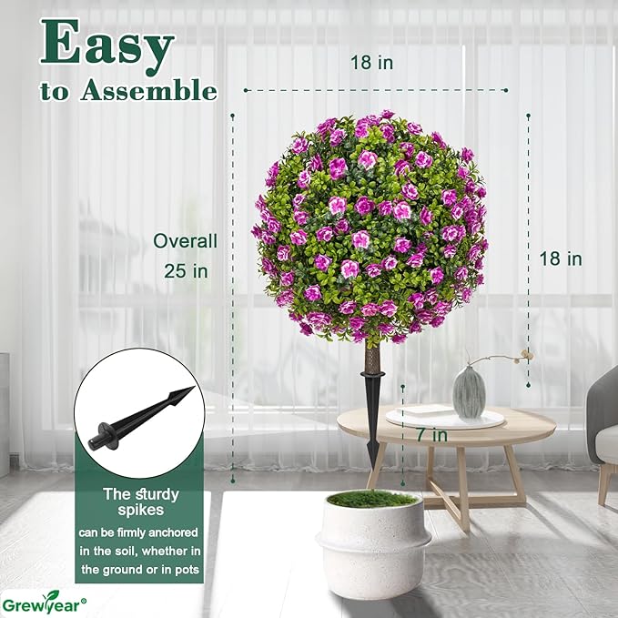 Artificial Purple Rose Topiary Ball Trees with Ground Spike Set of 2, Faux Boxwoods for Outdoor Planters, UV Resistant Artificial Outdoor Plants for Porch, Fake Bushes Round Shrub