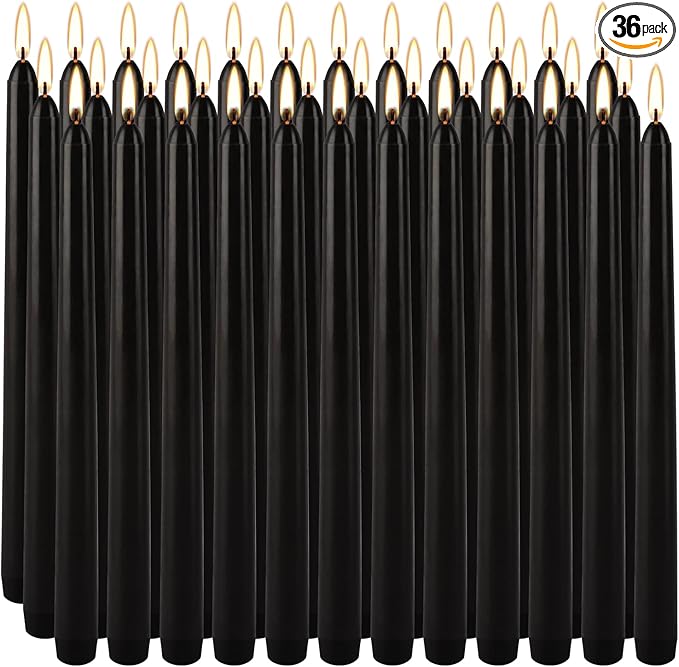 36-Pack 10-Inch Black Taper Candles - Drip-Free Unscented, Long Burning for Dinner Parties, Halloween, Home Decor, Spells & Rituals, Meditation, Prayer (25.4 cm)