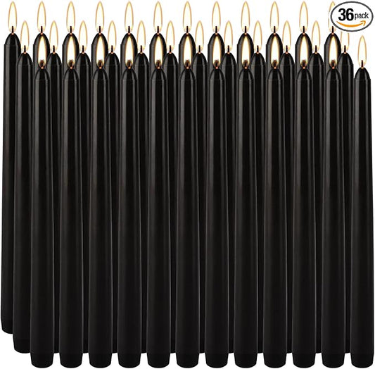 36-Pack 10-Inch Black Taper Candles - Drip-Free Unscented, Long Burning for Dinner Parties, Halloween, Home Decor, Spells & Rituals, Meditation, Prayer (25.4 cm)