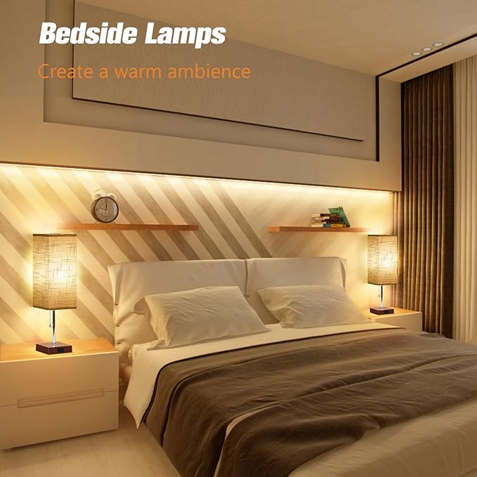 Table Lamp for Bedroom Set of 2, Bedside Lamps with 3 Color Temperatures Night Light, Lamp for Night Stands with AC Outlet and Square Shade, Pull Chain Small Desk Lamp for Living Room Home Decor