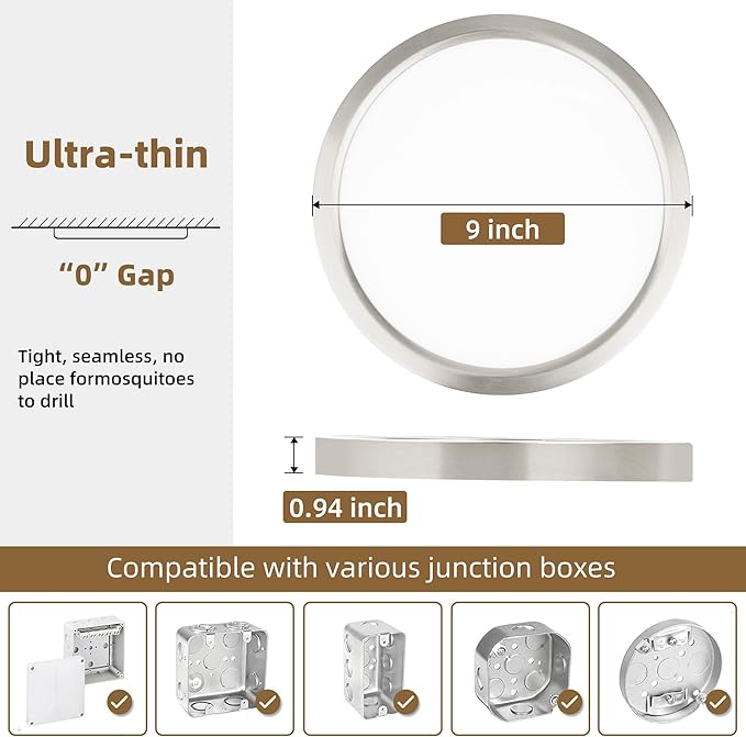 Hlite 6pack 9 Inch Flush Mount LED Ceiling Light Fixture,18W 1800LM Super Slim Light Fixtures Ceiling Mount 3000K/4000K/5000K 3CCT Selectable,Light Fixtures for Kitchen,Bedroom (Brush Nickel)