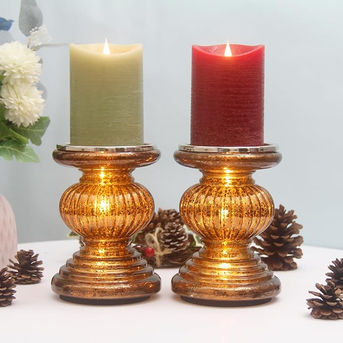 Mercury Glass Pillar Candle Pedestal Holders with Lights Set of 2,Candle Holder for Pillar Candle,Candlestick Holders,Perfect Decoration for Wedding Home Dining Table Xmas(Chocolate)