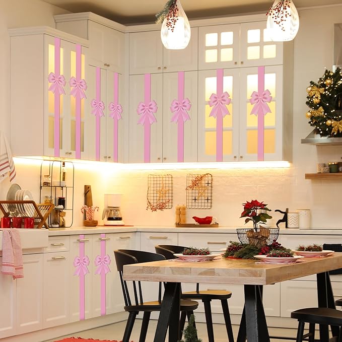 WILLBOND 6 Pieces Pink Christmas Cabinet Ribbons Bows Large Pink Bow Christmas Door Kitchen Cabinet Ribbon Bows Locker for Xmas Holidays Party Decorations Supplies