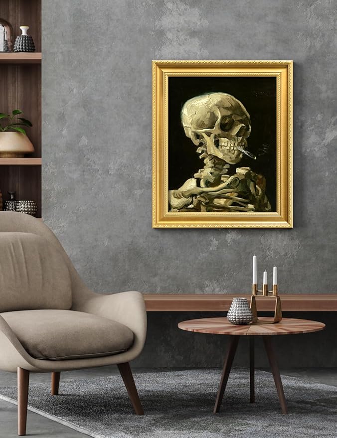 DECORARTS - Head of a Skeleton with a Burning Cigarette by Vincent Van Gogh. Giclee Print on Acid-Free Canvas in Gold Solid Wood Frame. Picture Size: 16x20, Total Size: 24.75x20.75, Made in USA
