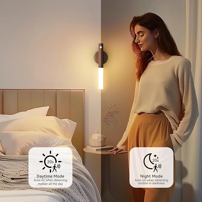 Battery-Operated Motion Sensor Night Lights: 2200mAh Rechargeable Wall Sconces Magnetic Wall Lights Wireless Stairway Lights Portable Hallway Light Wooden Wall Lighting for Bedroom Stair Picture