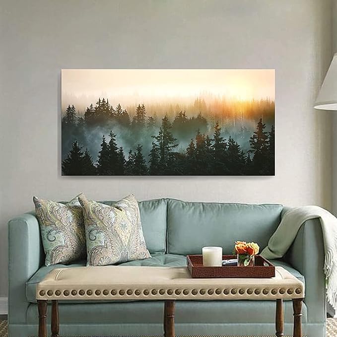 Large Wall Art for Bedroom Living Room Forest Bathed in Sunlight Canvas Print Picture Painting Framed Artwork Wall Decor for Bathroom Modern Room Plants Wall Decorations Size 58x29 Ready to Hang
