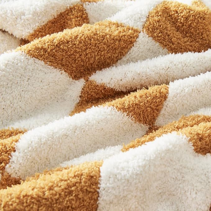 CozeCube Checkered Blanket, Ultra Soft Cozy Orange and White Throw Blanket, Warm Cozy Knit Fuzzy Plush Checkerboard Throw for Couch Bed Sofa, 60"x80"