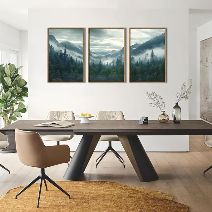 IARTTOP Large Misty Mountain Framed Wall Art 16x24 inch Green Foggy Forest Canvas Wall Decor Modern Pine Trees Nature Landscape Prints for Living Room Bedroom Set of 3