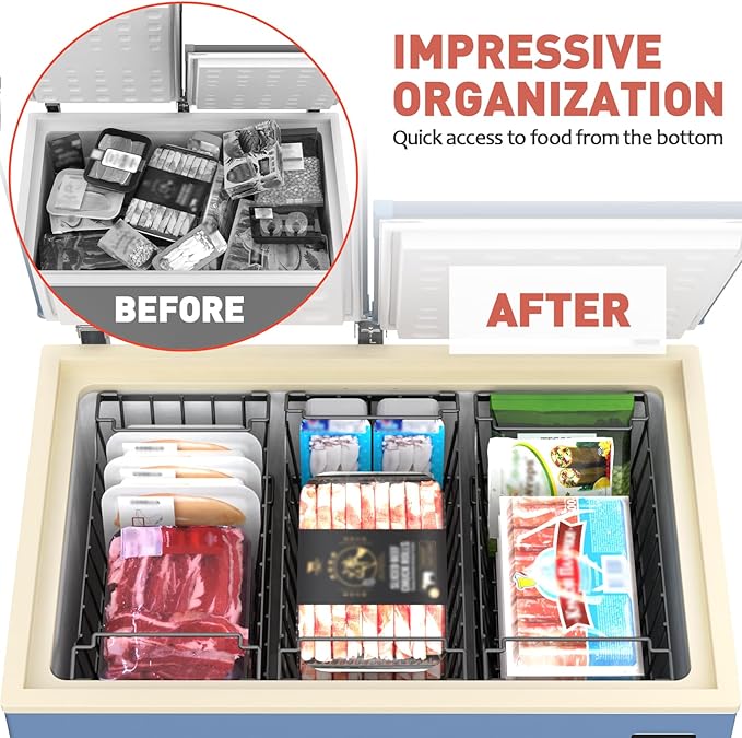 Goovilla Freezer Organizer Bins with Foldable Handle, 4 Pack Stackable Freezer Baskets for 3.5-7 Cu.FT Deep Chest Freezer Organization, Coated Metal Freezer Storage Bins with Better Space Utilization