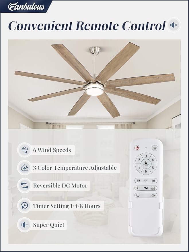 72 Inch Ceiling Fans with Lights, Large Farmhouse Ceiling Fans with Remote, Walnut&Gray Ceiling Fan Fixtures with Bright LED Light for Living Room, Bedroom, Kitchen