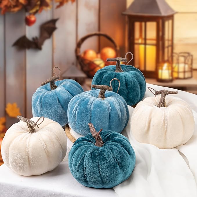 Briful Fall Pumpkins Decoration for Home, 6PCS Blue and White Velvet Fake Pumpkin Decor for Autumn Harvest Thanksgiving Halloween Table Centerpiece Tier Tray Shelf Farmhouse Decoration(4 Inch)
