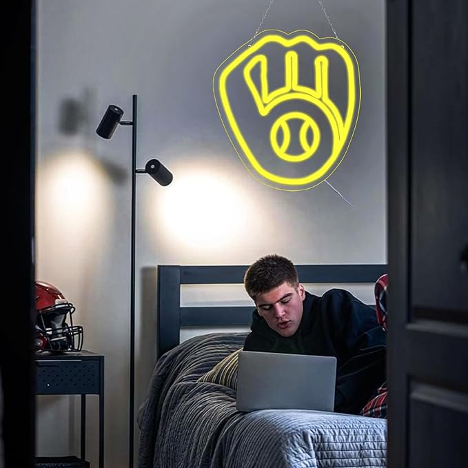 Balanar Baseball Neon Signs for Garage or Man Cave Decor, Gifts With Milwaukee Basebll or Rugby Team Logo, Yellow Baseball Neon for Parties, Bars,Dorms, Office Wall Art and Game Room Decor