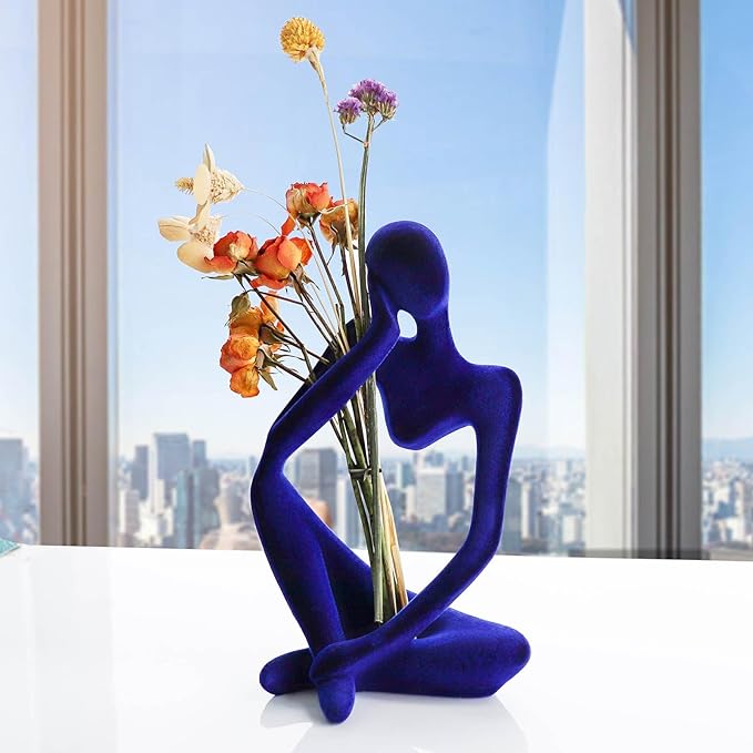 Abstract Thinker Statues and Sculptures, Resin Blue Flocked Thinker Statue Ornaments, Housewarming Gifts, Modern Figurines Decor for Living Room Dining Room Bathroom Office Desk