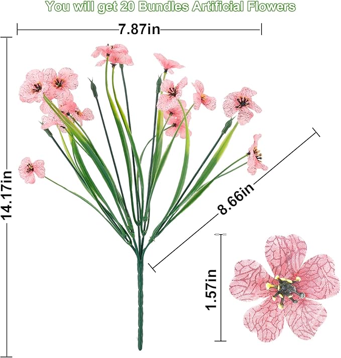 20 Bundles Artificial Flowers for Outdoors or Indoor Garden Home Decoration,No Fade Fake Flowers Faux Plants for Decoration Hanging Planters,Porch Window Box Garden Wedding Farmhouse Fake Plants