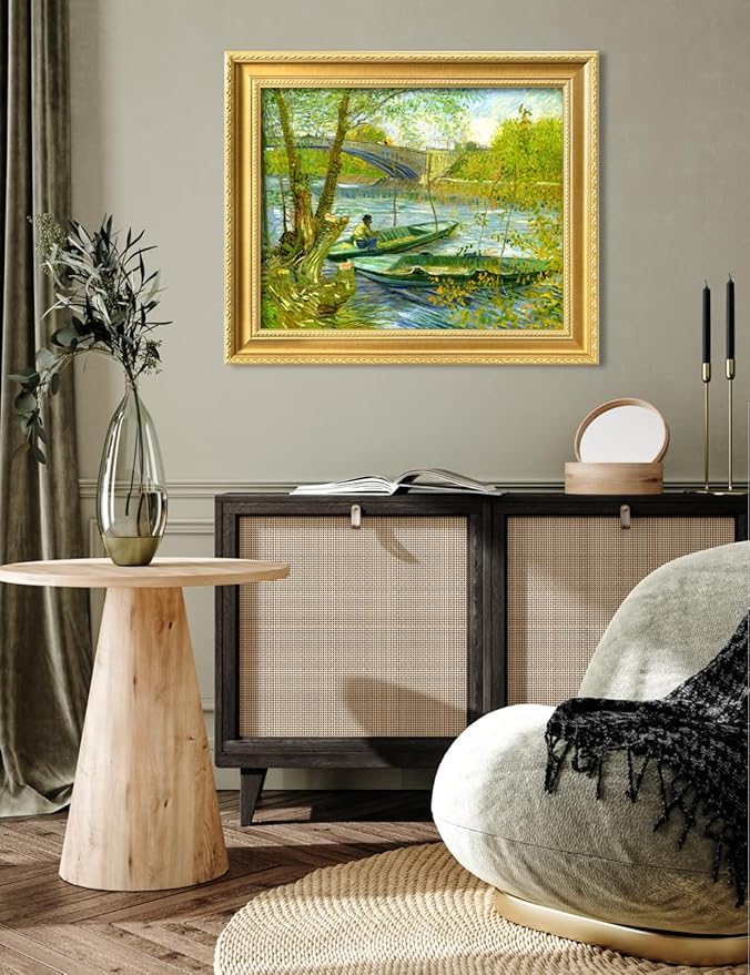 DECORARTS - Fishermen and Boats from the Pont de Clichy by Vincent Van Gogh. Giclee Print on Acid-Free Canvas in Gold Solid Wood Frame. Picture Size: 20x16, Total Size: 24.75x20.75, Made in USA