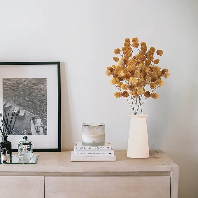 Sggvecsy 6 Pcs Fall Eucalyptus Leaves Artificial Eucalyptus Stems Long Silver Dollar Leaves Autumn Leaf Branches Fake Silk Eucalyptus for Christmas Home Autumn Thanksgiving Decor(Dark Yellow)