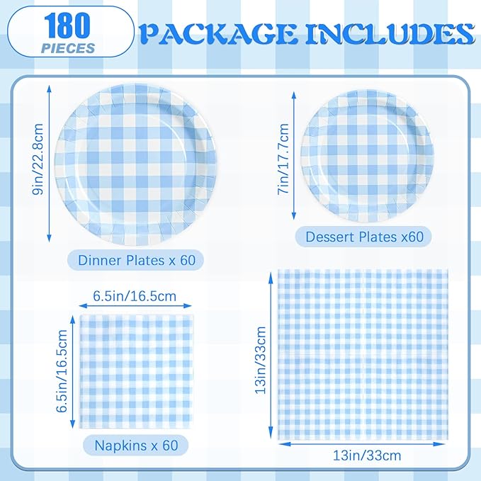 180Pcs Blue Gingham Party Supplies Paper Plates and Napkins Serve 60 Disposable Tableware Set for Birthday Party Decorations Game Day Family School Holiday Sports Events