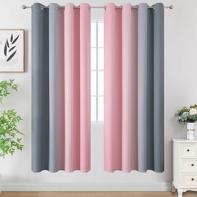 Estelar Textiler Ombre Grey and Pink Blackout Curtains 72 Inch Length 2 Panels, Full Room Darkening Blackout Curtains for Bedroom, Grommet Thermal Insulated Gradient Drapes for Kids Room, 52x72 Inch