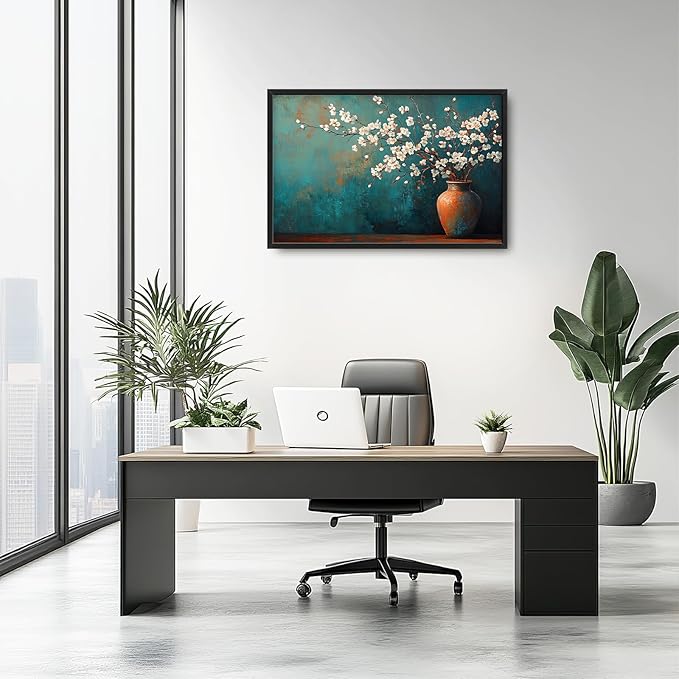 Teal Flowers Framed Wall Art for Living Room, Large Florals in Vase Canvas Wall Decor, Vintage Canvas Pictures Painting, Modern Artwork for Bathroom Bedroom 36L'' × 24W''