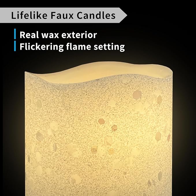 FURORA LIGHTING White Glitter Real Wax Flameless LED Candles with Remote & Timer (2/4/6/8 H), Battery Operated for Safety and Elegance, Pack of 8
