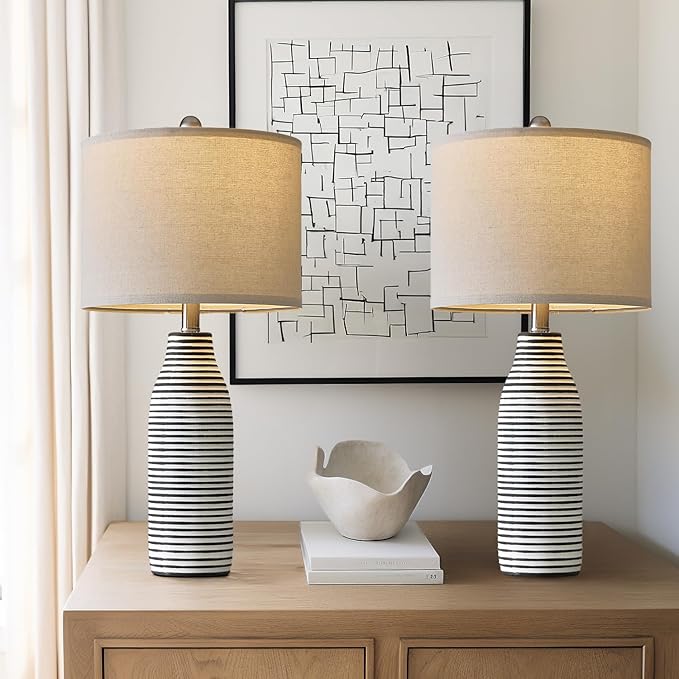 PORTRES 25" Ceramic Table Lamps Set of 2 Beside Lamps for Living Room Modern Bedroom Lamps for Night Stands with Rotary Switch Black and White Stripes