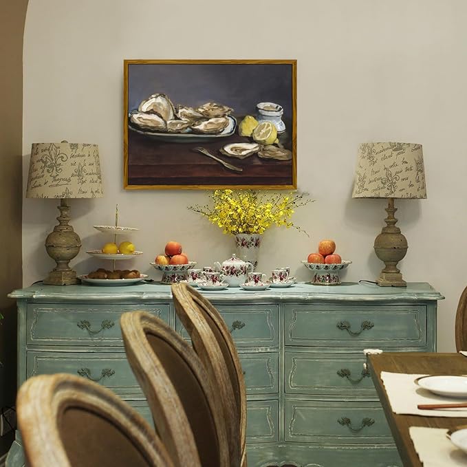 crmotu Vintage Framed Wall Art, Oysters and Lemon Kitchen Decor Painting, Still Life Artwork Canvas Prints, Rustic Farmhouse Wall Decor Living Room Dining Room Tabletop Aesthetic Pictures 12x16in