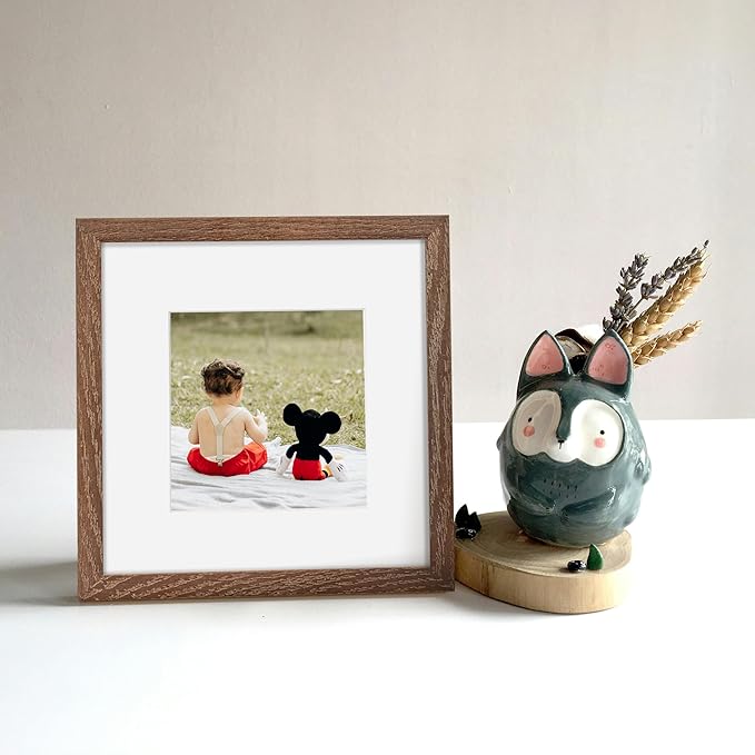 Rustic Wood 8x8 Picture Frame, Solid Oak Wood Frame 8 by 8, 8 x 8 Square Photo Frame with Tempered Real Glass, 8"x8" Picture Frame Matted to 4"x4", Squre Wood Picture Frames, Walnut Color, Set of 2