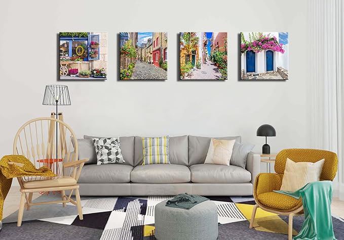 Italy Tuscan Wall Art, Colorful Nature Scenic Framed Pictures Canvas Prints, Modern Town Street Artwork Paintings for Living Room, Bedroom, Office Wall Decor 16"x16"