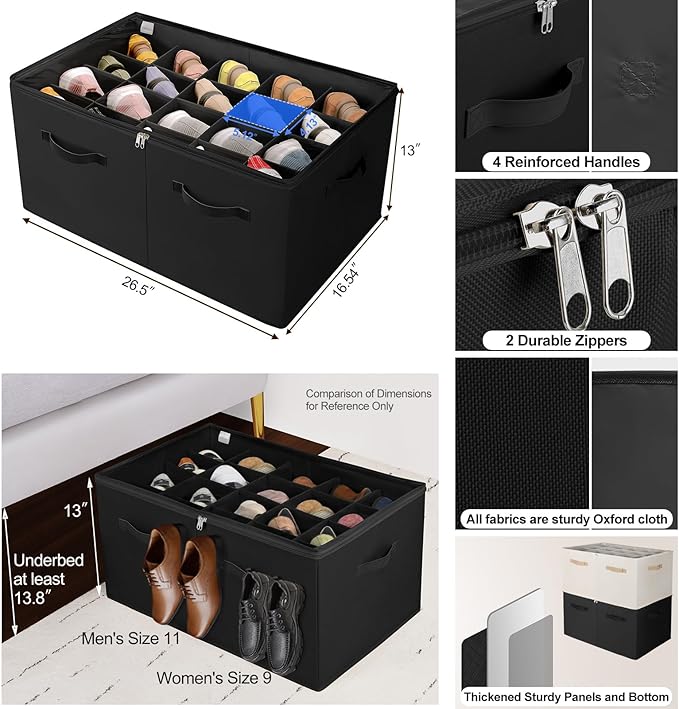 Shoe Organizer for Closet, Foldable Shoe Box with Adjustable Dividers and Clear Cover, Space Saving Shoe Storage Organizer Cabinet with Reinforced Handles, Fits 20 Pairs, Black, TP10B