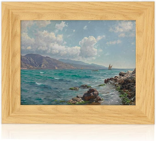 Brivoria Framed Canvas Wall Art Vintage Decor, Realistic Coastal Scene with Rocky Shore Clear Water and Sailboats Under Bright Blue Sky for Kitchen Shelf Bathroom or Tabletop Display, 8"x10"