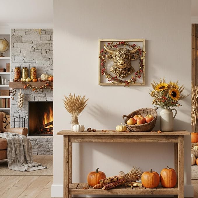 Animal Heads Wall Decor (Includes Metal Frame) Resin Animals Sculptures Head Wall Hanging Decoration Gold vintage Wall Sculpture for Living Room Bedroom Office(Highland cattle)