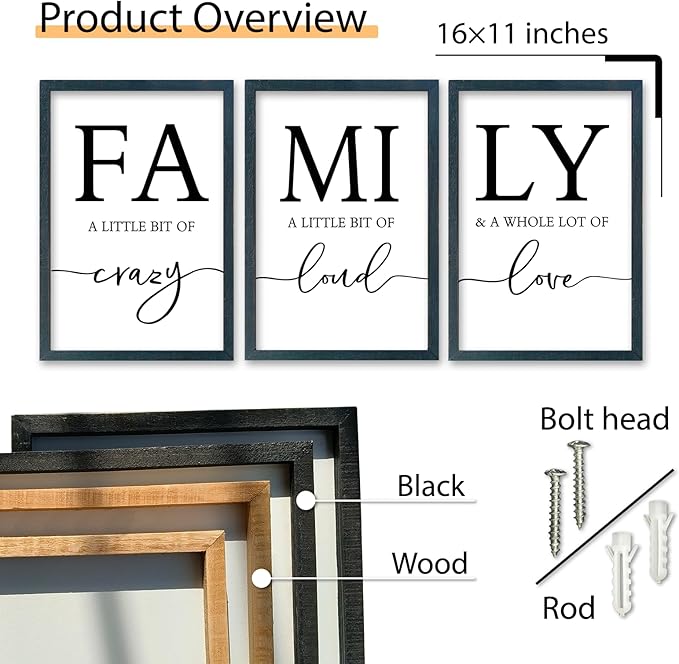 SRSZHIYUE Family Wall Art A Little Bit Of Crazy Loud Sign Wall Decor Art Set of 3 16"×11" Prints Wood Framed for Large Rustic Farmhouse Minimalist Living Room Entryway Wall Hanging (Black)