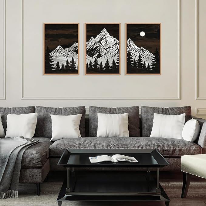 KAIRNE Wooden Mountain Tree Framed Canvas Wall Art Set, Country Wood Forest Wall Decor, Woodcut Pine Tree Wall Painting, Nature Farmhouse Zen Art Prints for Living Room, Bedroom, Office - 24"x36"x3
