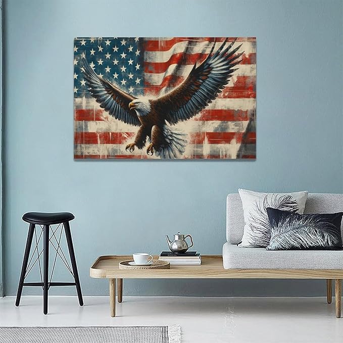 Large Bald Eagle Wall Art American Flag and Eagle Pictures Wall Decor Patriotic Motivational Bedroom Sign Canvas Painting Prints Modern Home Decoration Artworks Framed for Living Room Office 24"x16"