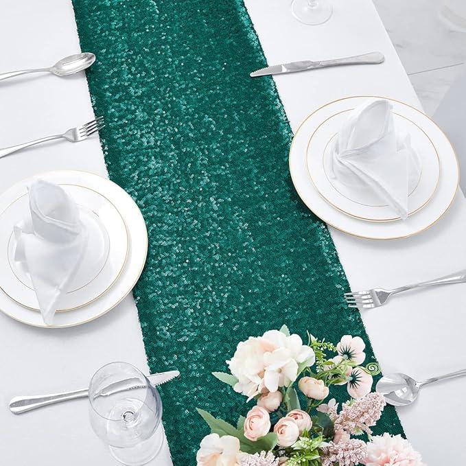 2 Packs 12 x 108 inches Hunter Green Sequin Table Runner, Glitter Hunter Green Table Runner for Wedding Birthday Bachelorette Holiday Party Supplies Decorations Bridal Shower Baby Shower