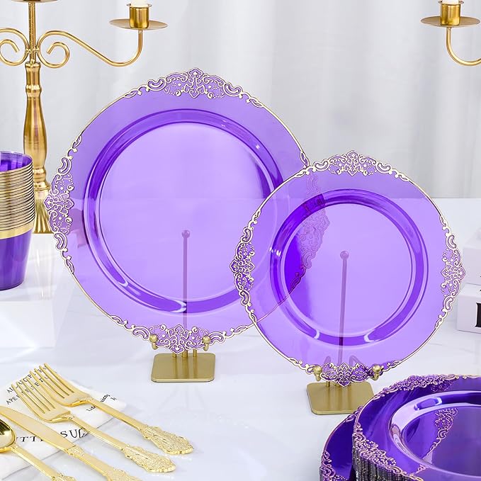 350 PCS Purple and Gold Plastic Plates, Disposable Dinnerware Set for 50 Guests, 100 Disposable Plates, 150 Silverwares, 50 Cups, 50 Napkins for Party, Wedding, Graduation