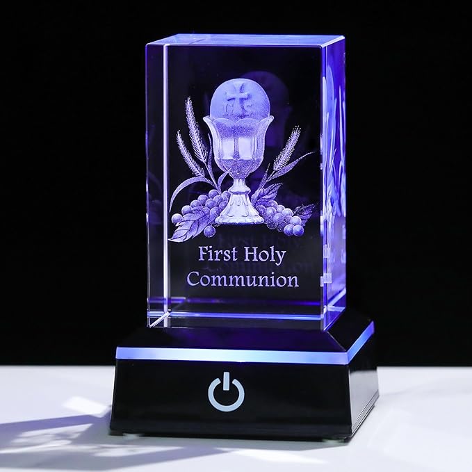 Movdyka 3D Crystal First Communion Gifts for Girls Boys Decorations Laser Engraved 3D Holy Grail Figurine Catholic Baptism Gifts with Colorful LED Base
