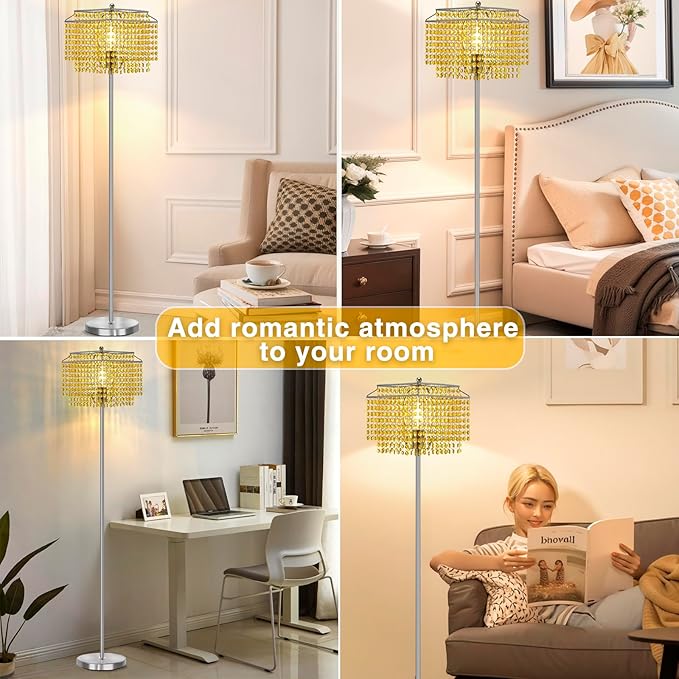 Luvkczc Crystal Floor Lamp Yellow, 64" Tall Elegant Standing Lamp with On-Off Foot Switch, Double-Layer Lampshade, Standing Lamps for Living Room, Bedroom, Office, 8W Bulb Included