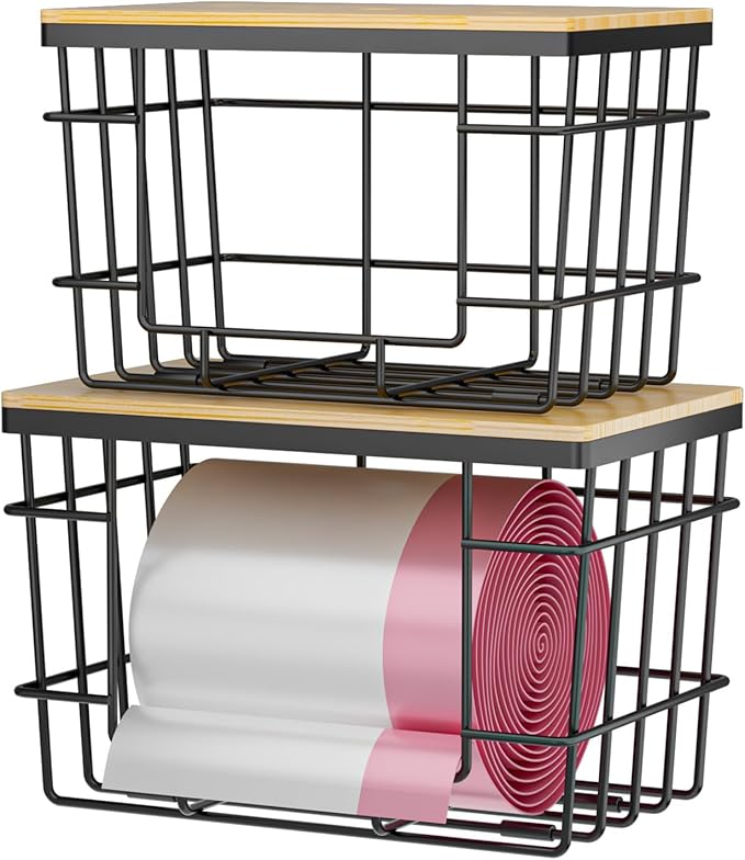 2 Pack Trash Bag Holder, Extra Large Garbage Bag Dispenser with Bamboo Top, Wall Mounted Stackable Trashbag Storage for Kitchen Laundry Room Under Sink Organization