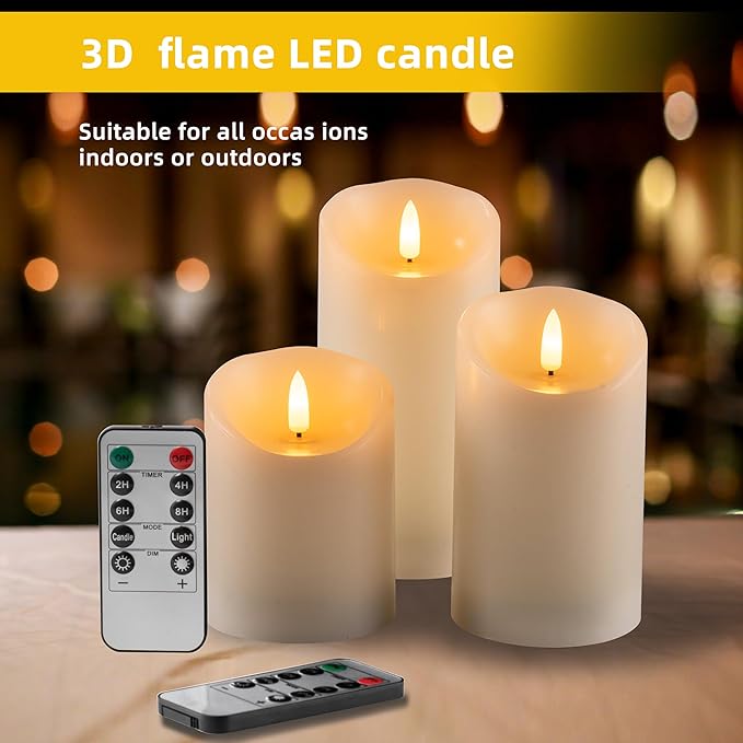 Flameless Candles Battery Operated Pillar Real Wax Electric LED Flashing Candle Sets with Remote Control Cycling 24 Hours Timer, 4" 5" 6" Pack of 3 (Ivory)
