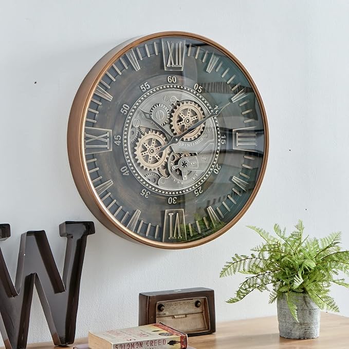 CLXEAST 24 Inch Large Moving Gear Wall Clock for Farmhouse Living Room Decor,Vintage Industrial Bronze Gold Metal Wall Clock for Home Office,House Warming Gifts New Home