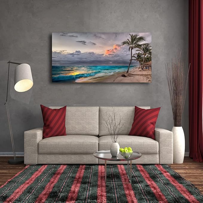 Beach Pictures Wall Art Canvas Prints Seascape Poster Bathroom Decor Blue Ocean Green Tree Painting for Living Room Bedroom Home Kitchen Decoration 20x40 Wooden Frame Natural Landscape Artwork