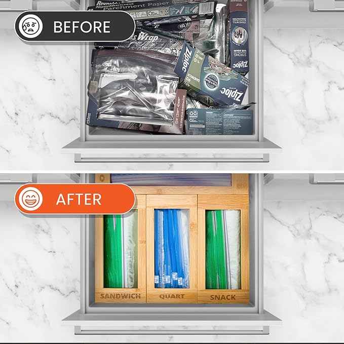 mHomeAid Bag Storage Organizer - Bamboo Food Plastic Baggie Holder, Dispenser, and Container for Kitchen Drawer - Fits Ziplock and Ziploc Gallon, Quart, Sandwich & Snack Sized Slider Bags (Bamboo)