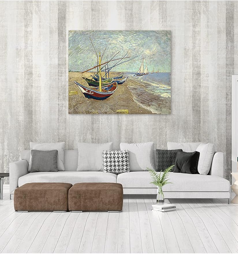 DECORARTS - Boats At Saintes Maire, Vincent Van Gogh Art Reproduction. Giclee Print on Canvas. Wall Art for Home. 40x32