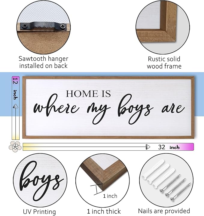 Home is Where My Boys are Sign Framed Wall Art, 32''×12'' Rustic Horizontal My Son Plaque with Natural Frame for Baby Kid Boy Son Teen Toddlers Room, Horizontal Mom of Boys Gifts Nursery Decor